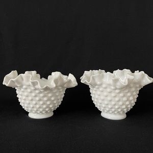 2 Bowls - Ruffled / Crimped - Fenton Hobnail Milk Glass - Vintage